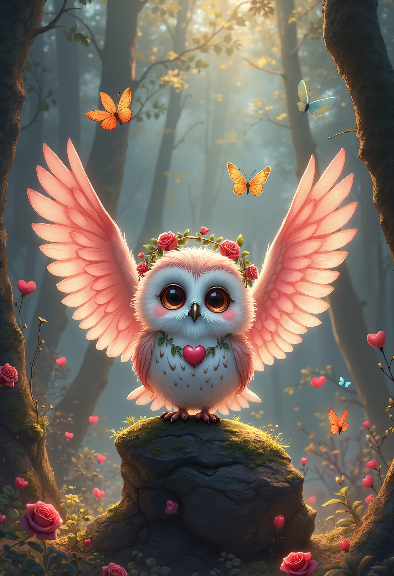 bo-romance, a digital illustration in a whimsical, fantasy style, it features an owl with large, expressive brown eyes and fluffy white feathers, perched on a moss-covered rock in the center of the image, the owl's wings are large and delicate, with a soft pink hue, and they are adorned with a small wreath of red roses and green leaves, surrounding the owl are numerous butterflies in various colors, including orange, yellow, and blue, adding a sense of whimsy and enchantment to the scene, the background is a dense forest with tall, dark trees and a soft, diffused light filtering through the canopy, creating a mystical, ethereal atmosphere, the forest floor is covered in lush green foliage and scattered red roses, adding to the romantic and enchanting feel of the illustration, the overall color palette is rich and vibrant, with soft, pastel hues that enhance the dreamlike quality of the scene<lora:boFLUX Romance Abyss.safetensors:1.0:1.0>