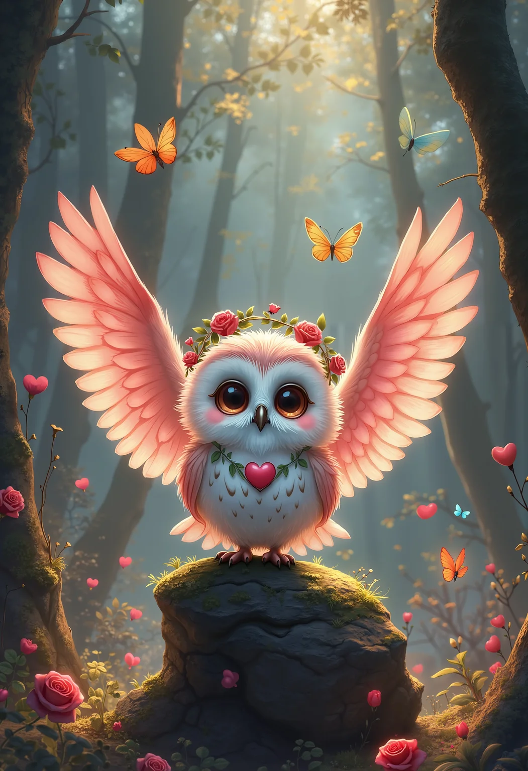 bo-romance, a digital illustration in a whimsical, fantasy style, it features an owl with large, expressive brown eyes and fluffy white feathers, perched on a moss-covered rock in the center of the image, the owl's wings are large and delicate, with a soft pink hue, and they are adorned with a small wreath of red roses and green leaves, surrounding the owl are numerous butterflies in various colors, including orange, yellow, and blue, adding a sense of whimsy and enchantment to the scene, the background is a dense forest with tall, dark trees and a soft, diffused light filtering through the canopy, creating a mystical, ethereal atmosphere, the forest floor is covered in lush green foliage and scattered red roses, adding to the romantic and enchanting feel of the illustration, the overall color palette is rich and vibrant, with soft, pastel hues that enhance the dreamlike quality of the scene<lora:boFLUX Romance Abyss.safetensors:1.0:1.0>