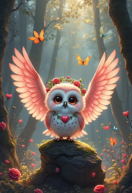 bo-romance, a digital illustration in a whimsical, fantasy style, it features an owl with large, expressive brown eyes and fluffy white feathers, perched on a moss-covered rock in the center of the image, the owl's wings are large and delicate, with a soft pink hue, and they are adorned with a small wreath of red roses and green leaves, surrounding the owl are numerous butterflies in various colors, including orange, yellow, and blue, adding a sense of whimsy and enchantment to the scene, the background is a dense forest with tall, dark trees and a soft, diffused light filtering through the canopy, creating a mystical, ethereal atmosphere, the forest floor is covered in lush green foliage and scattered red roses, adding to the romantic and enchanting feel of the illustration, the overall color palette is rich and vibrant, with soft, pastel hues that enhance the dreamlike quality of the scene<lora:boFLUX Romance Abyss.safetensors:1.0:1.0>