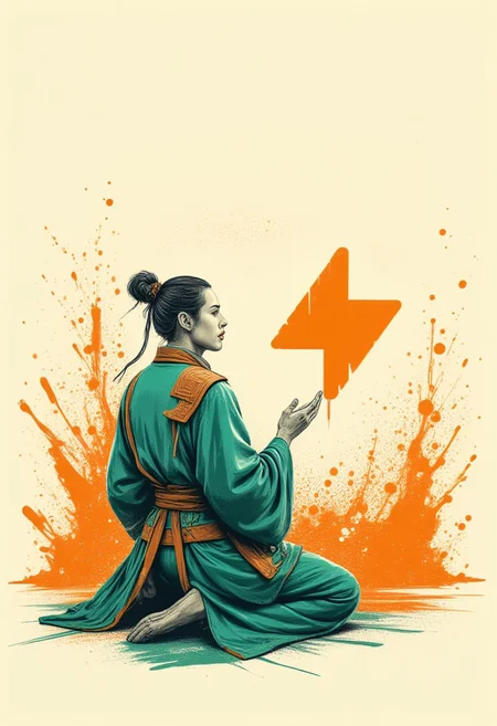 A mad-cbrpnksplshrt oriental taoist monk, kneeling in a prayer looking at SuchBuzzLogo, paint splashes, outrun, orange and teal background
