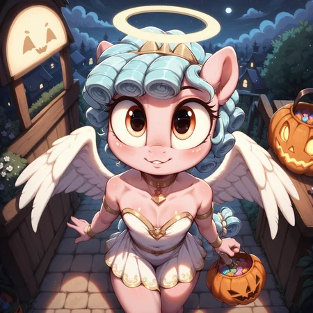 score_9, score_8_up, score_7_up, anthro pony, Cosy Glow, huge eyes, pleading, Halloween candy bag, view from above, close up, angel costume, halo, flat chest, petite, cleavage, angel wings, solo, 25 years old, porch, night
<lora:Aer0Zer0_Artist_Style:.4>, <lora:Realistic_2.5DAnime_Merge1:.7>, <lora:add-detail-xl:.7>, <lora:Expressive_H:.4>, <lora:Welost_Artist_Style:0.4>, <lora:princess_xl_v2:0.8>