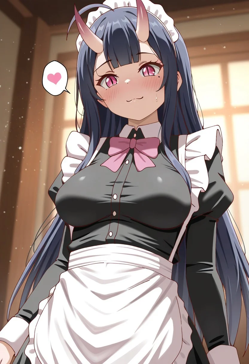 masterpiece, cute, lovely, newest, absurdres, (best quality:1.3), amazing quality, very aesthetic, 1girl, solo, high_resolution, hq, 4k, BREAK. high gradient eyes, very cute, light particles, cute details, cute colors, mature woman, (Poa_Mellhen_Style), oni, oni horns, dark blue hair, straight hair, very_long_hair, blunt bangs, pink eyes, slit pupils, (medium breasts:1.2), sagging_breasts, :3, ahoge, BREAK, in the style of cksc, depth of field,detailed background, volumetric lighting,godrays, detailed eyes,expressive eyes,highres,  alternate_costume, apron, blurry, blush ,bow, enmaided, heart, long_sleeves, looking_at_viewer, maid ,maid_apron, maid_headdress, mole ,mole_under_eye, sharp_maker, sweatdrop, cinematic lighting, detailed clothes, vivid colors, fine texture,