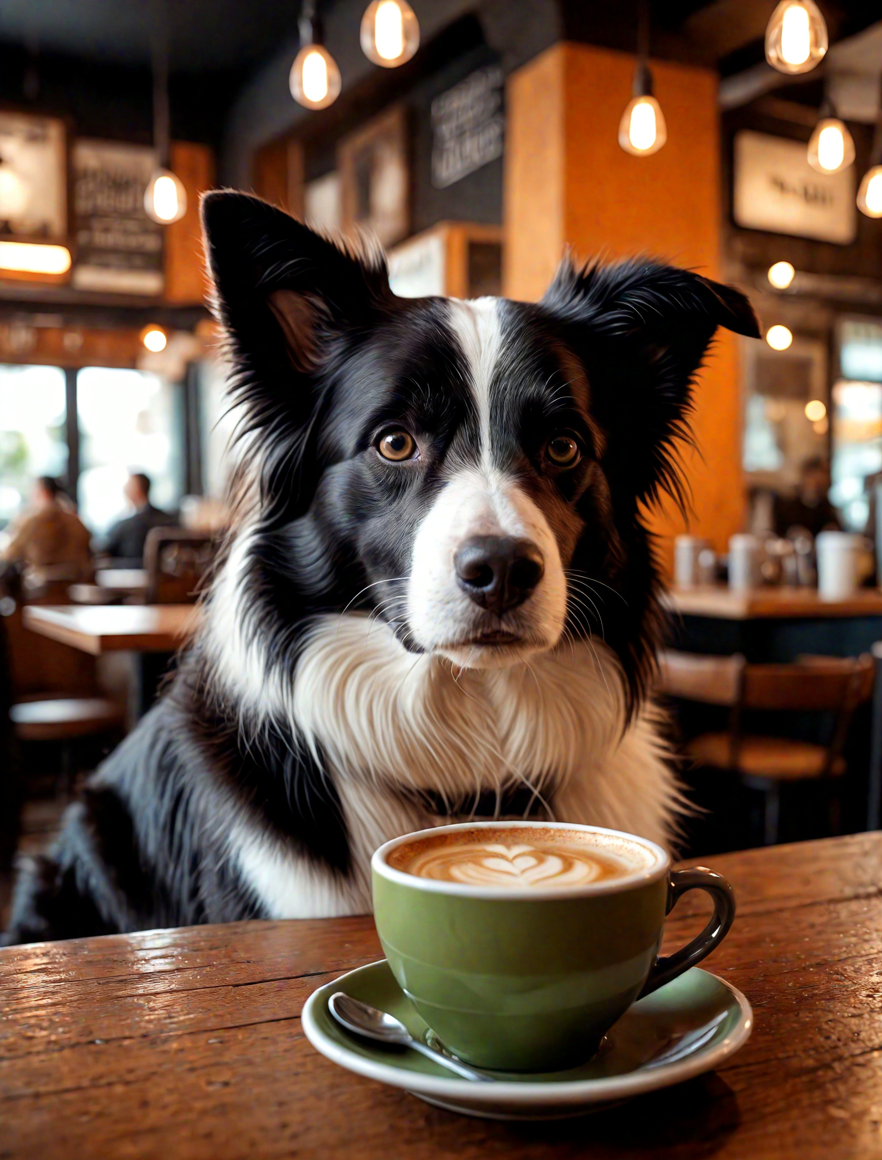 cinematic photo art print of a Border Collie with cute face drinking coffee in cafe, front facing, in the style of vfxfriday, real photo, cinematic photorealistic, 8k uhd natural lighting, raw, rich, intricate details, key visual, atmospheric lighting, 35mm photograph, film, bokeh, professional, 4k, highly detailed, cinematic, colorful background, concept art, 8k, dramatic lighting, high detail, highly detailed, hyper realistic, intricate, intricate sharp details, octane render, smooth, studio lighting, trending on artstation. . 35mm photograph, film, bokeh, professional, 4k, highly detailed