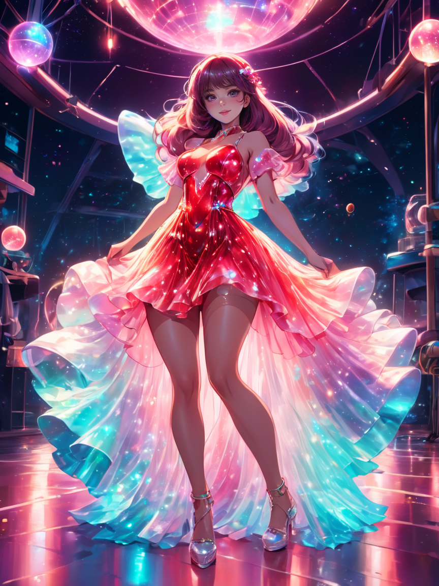 disco-themed Nautical-themed anime style beautiful woman wearing a Pastel Red (bioluminescent dress) <lora:xl_bioluminescent_dress-1.0:0.8>, Crouching,  . Sea, ocean, ships, maritime, beach, marine life, highly detailed . vibrant, groovy, retro 70s style, shiny disco balls, neon lights, dance floor, highly detailed