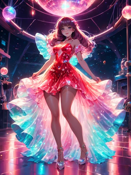 disco-themed Nautical-themed anime style beautiful woman wearing a Pastel Red (bioluminescent dress) <lora:xl_bioluminescent_dress-1.0:0.8>, Crouching,  . Sea, ocean, ships, maritime, beach, marine life, highly detailed . vibrant, groovy, retro 70s style, shiny disco balls, neon lights, dance floor, highly detailed