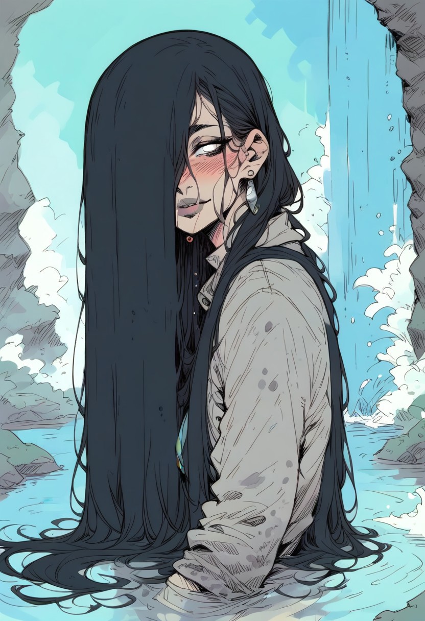 ((Rating_sfw)) , score_9, score_8_up, score_7_up, score_6_up, score_5_up, score_4_up,
best quality, highly detailed, intricate details, extremely detailed, smooth lines,
...
theonryoxl,long black hair,pale skin,white eyes,evil smile,very long hair,hair over one eyes,hair between eyes, dirty white dress with sleeves,skin tight, sagging breasts,wet clothes, dirt,night,old well, <lora:TheOnryoS:0.9>,((convenient_sensoring)) 
...
(looking at viewer), thick lips, parted lips, covered, earrings, (full body), blushed, focus on face,
...
abstract background, water, waterfall,