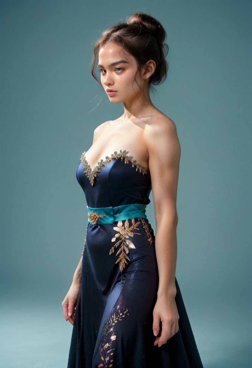 score_9, score_8_up, score_7_up, black colored kebaya dress (long dress, skin tight, strapless, off shoulder, luxurious design, simple sash, sequin skirt, brocaded),
pureerosface_v1, JDMAI_KEBAYA, JDMAI_ARIEL_SARI, 
(dynamic lighting), (dynamic shadow), 4k, HD, Hi res, cinematic masterpiece, photographic masterpieces, epiCPhoto,
Neat hair bun, professional makeup, side view, saluting, 
Portrait, upper body, alluring pose, confident facial expression, 
(simple turquoise background), (blurry background), (sharp focus on object),