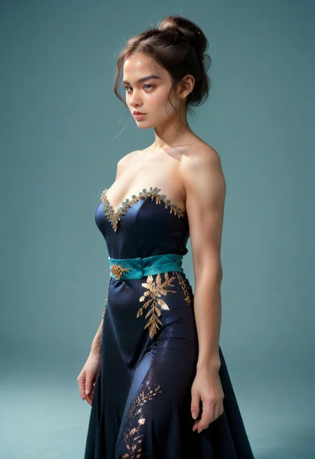 score_9, score_8_up, score_7_up, black colored kebaya dress (long dress, skin tight, strapless, off shoulder, luxurious design, simple sash, sequin skirt, brocaded),
pureerosface_v1, JDMAI_KEBAYA, JDMAI_ARIEL_SARI,
(dynamic lighting), (dynamic shadow), 4k, HD, Hi res, cinematic masterpiece, photographic masterpieces, epiCPhoto,
Neat hair bun, professional makeup, side view, saluting,
Portrait, upper body, alluring pose, confident facial expression,
(simple turquoise background), (blurry background), (sharp focus on object),