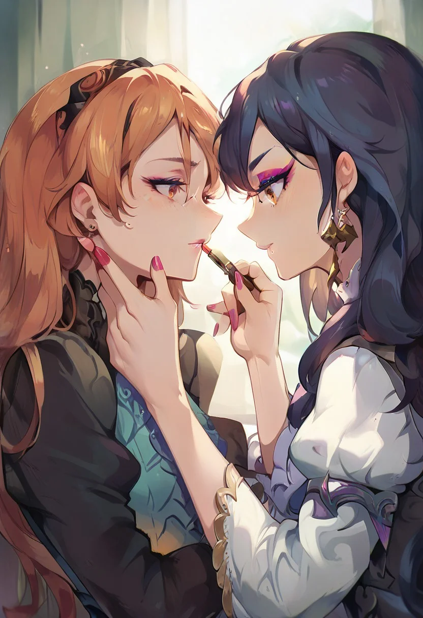 score_9, score_8_up, score_7_up, detailed face, detailed eyes, 2girls, applying makeup on another, holding makeup brush, applying eyeshadow, hand on another's face, dress, makeup, eyeshadow, upper body closeup,