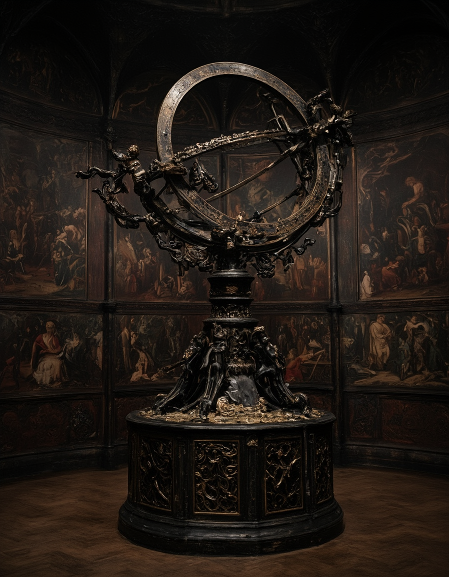 <lora:Home_R01fluxb:1> homer01, Astronomical instrument, Baroque architecture, European palace, sculptural elements, dark and atmospheric setting, medieval craftsmanship,