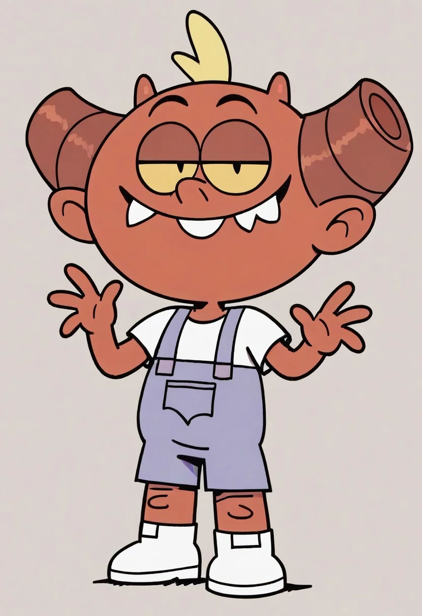 (score_9 | score_8_up | score_7_up) ((masterpiece:1))(best quality,very high quality,ultra detailed:1.2) (2D,cartoon style,anime style)(Smooth:2)(clean blurring) (four fingers on each hand,one thumb on each hand:1), Leon Loud, solo, 1boy, light Blonde hair, two strands of light Blonde hair, teeth, white shirt, lavender overalls, white booties, impish, demon, red skin, small pointed nose, pointed tail, yellow eyes, slit pupils, two small horns, two large curved horns on sides of her head, pair of deformed fangs, smug, full body