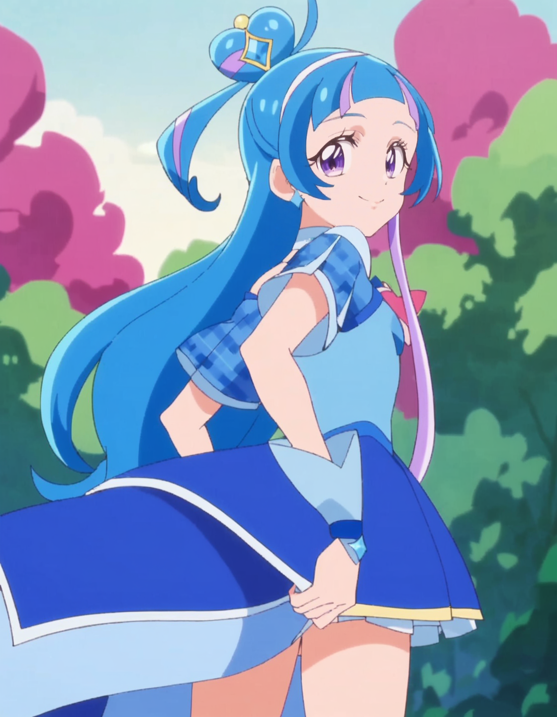 score_9, score_8_up, score_7_up, anime screencap, solo,1girl,curewink,blue hair,  blue dress, magical girl, skirt,smile, looking at viewer, cowboy shot,from behind<lora:curewink_pony:0.8>