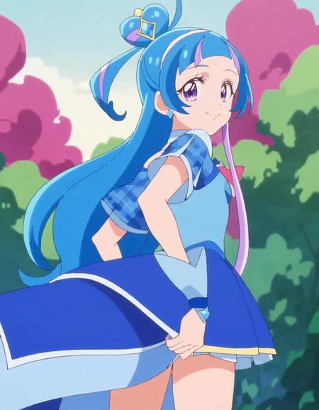 score_9, score_8_up, score_7_up, anime screencap, solo,1girl,curewink,blue hair, blue dress, magical girl, skirt,smile, looking at viewer, cowboy shot,from behind<lora:curewink_pony:0.8>
