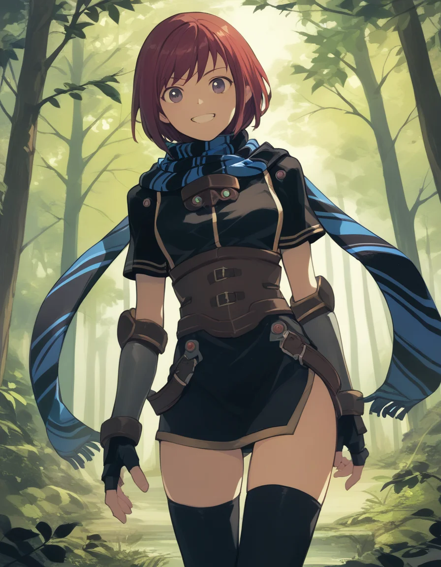 score_9, score_8_up, score_7_up <lora:nel-zelpher-ponyxl-000020:1> nel zelpher, black dress, short dress, striped scarf, vambraces, fingerless gloves, black thighhighs,
smile, forest, looking at viewer