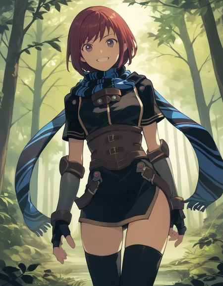 score_9,  score_8_up, score_7_up <lora:nel-zelpher-ponyxl-000020:1> nel zelpher, black dress, short dress, striped scarf, vambraces, fingerless gloves, black thighhighs,
smile, forest, looking at viewer