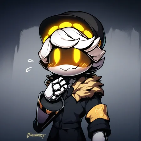 score_9, score_8_up, score_7_up, score_6_up, score_5_up, score_4_up, source_cartoon, 2D, sfw, half body, SerialDesignationN, Robot, Yellow Eyes, Screen Eyes, Yellow Visor, Coat, Hat, Pilot Cap, Suit, DapperN, blush, bright yellow blush, shy, nervous, nervous smile, cute, dark hallway background
