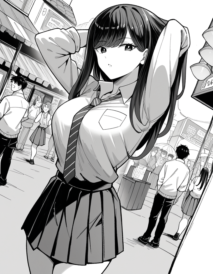 score_9, score_8_up, score_7_up, source_anime, <lora:manno-kuroda-manga-ponyxl-lora-nochekaiser:1>, kuroda, greyscale, monochrome, large breasts, long hair, bangs, school uniform, skirt, necktie, pleated skirt, rolled-up sleeves, shirt, collared shirt,, street market, vendor, street food, bustling crowd, local flavor, vibrant, , looking at viewer, hands behind head,, solo,, cowboy shot, dutch angle