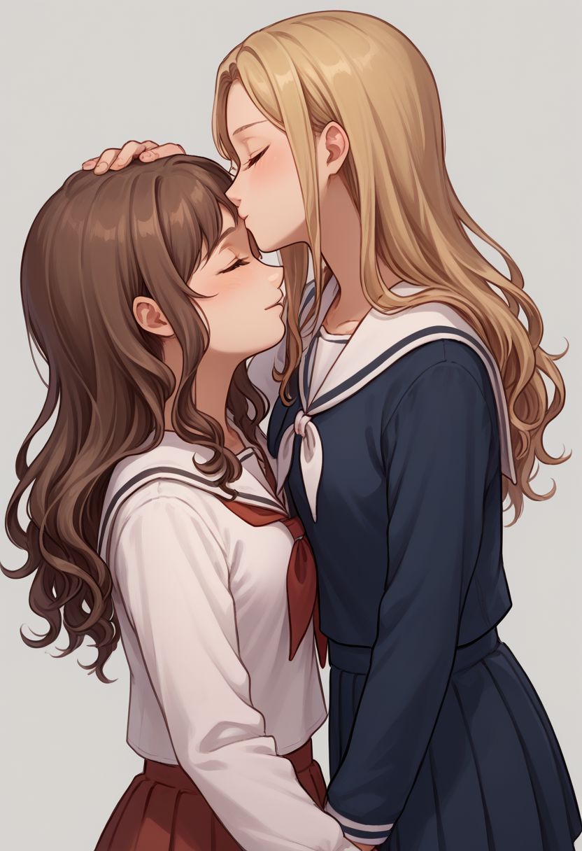 score_9, score_8_up, source_anime, highly detailed, 
kissing forehead, school uniform, multiple girls, closed eyes, 2girls, yuri, serafuku, kiss,
long hair, profile, brown hair, blonde hair, wavy hair,
hand on another's shoulder, short hair, long sleeves,
outdoor,