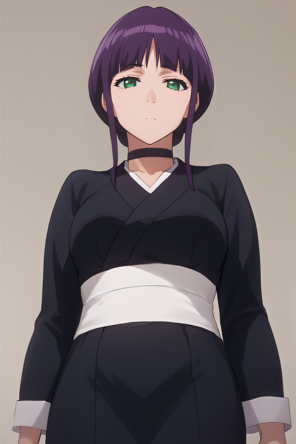 score_9, score_8_up, score_7_up, source_anime, rating_safe, intricate details, <lora:Kurotsuchi_Nemu:1>, nemu, purple hair, green eyes, looking at viewer, simple background, frontal view, black kimono, white sash, long sleeves, expressionless, mature woman, short skirt, cowboy shot, standing, choker, from below, <lora:A_Vivid_PonyDif:1>, vividpony, indoor