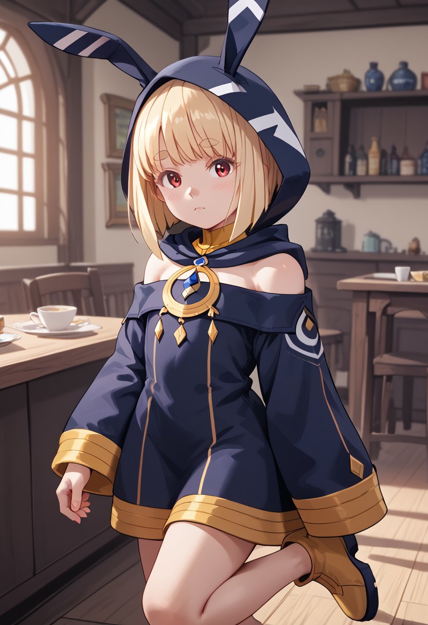 score_4,score_5,score_6,score_7_up,score_8_up,score_9 ((masterpiece,best quality,ultra detailed,highres,HD,4k:1.2)), 
1 cute girl,((solo,solo focus)),girl focus,face focus,
blonde hair,bangs,short hair,bob cut,sidelocks,thick eyebrows,red eyes,petite,
long sleeves,bare shoulders,hood up,rabbit hood,animal hood,sleeves past wrists,sleeves past fingers,dress,barefoot,boots,yellow footwear,
indoors,arabian
standing on one leg,looking at viewer,closed mouth,Expressionless,blush,