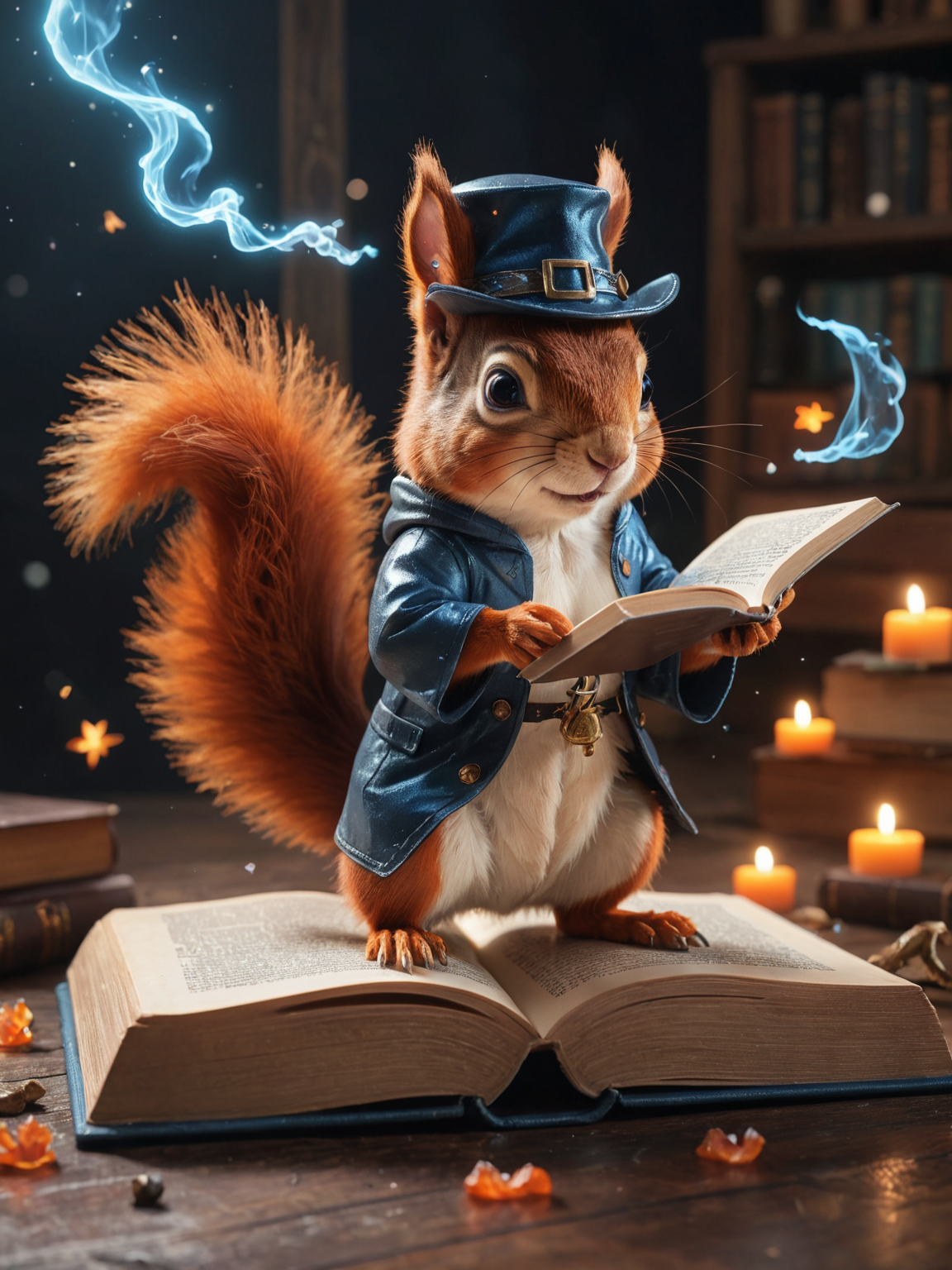 amazing quality, masterpiece, best quality, hyper detailed, ultra detailed, UHD, perfect anatomy, magic world, (squirrel and fish:1.4), fish in the air, spell magic to get fresh fish as food,( fish jumping from magic book:1.3), energy flow, a full body of a cute toon squirrel, kawaii, wearing witches robe, witches hat, holding magic book, magic book on one hand, spell magic, <lora:add-detail-xl:1.0>, extremely detailed, <lora:glowneon_xl_v1:0.75> glowneon, glowing