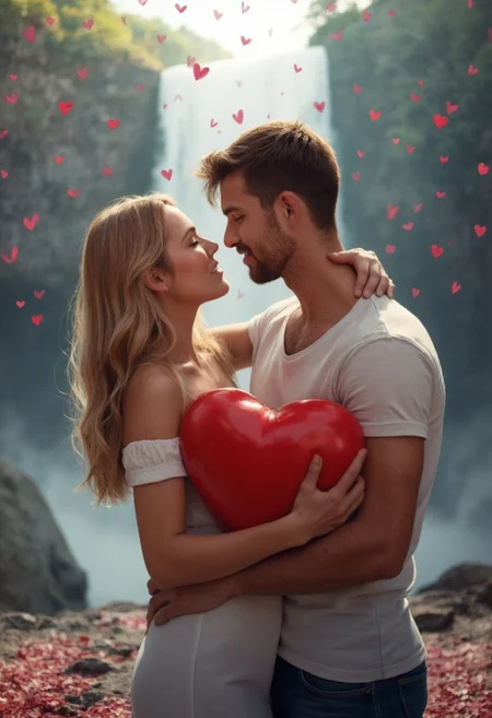 The image is a digital illustration of a young couple in a romantic embrace. The couple is standing close together, with the man holding a large red heart in his hands. The woman has long blonde hair and is wearing a white off-the-shoulder dress, while the man has dark hair and a beard. They are both looking up at each other with a loving expression on their faces. The background is filled with red hearts, creating a romantic and whimsical atmosphere. The overall mood of the image is one of love and affection. in front of a large waterfall and a forest.