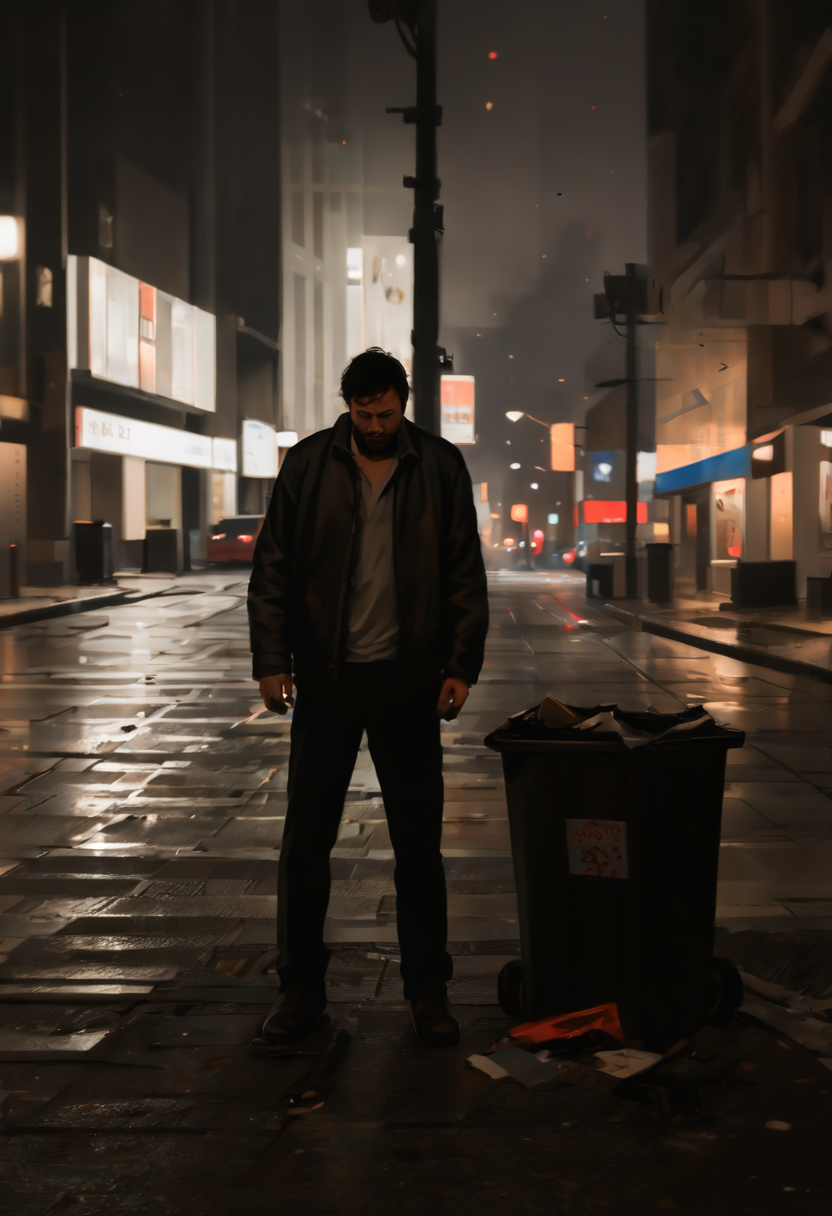 pile of garbage, street, modern city at night, drunk man vomiting, streetlight reflections, puddles of filth <lora:sd_xl_offset_example-lora_1.0:0.4> <lora:Projext_X2:-1.0> <lora:Night_in_Tokyo_by_Styx:0.75>