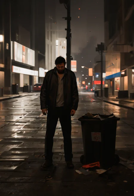 pile of garbage, street, modern city at night, drunk man vomiting, streetlight reflections, puddles of filth <lora:sd_xl_offset_example-lora_1.0:0.4> <lora:Projext_X2:-1.0> <lora:Night_in_Tokyo_by_Styx:0.75>