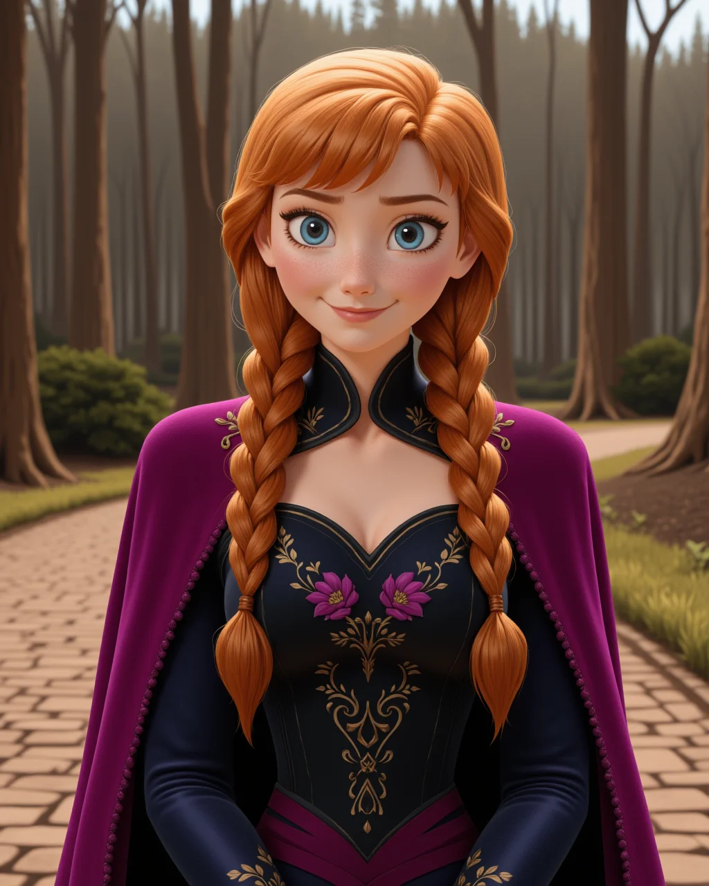 -wide shot, looking at viewer, outdoors daylight, a 25 year old woman,
front view, passport style with upper body and lower waist in frame
<lora:Frozen_-_Anna_v2_000030:1> f-anna she has blue eyes, orange hair and a freckled face
wearing dark blue long-sleeved jacket over deep purple dress, black corset with floral designs, magenta cape with pompom trim, braided pigtails