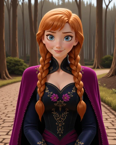 -wide shot, looking at viewer, outdoors daylight, a 25 year old woman,
front view, passport style with upper body and lower waist in frame
<lora:Frozen_-_Anna_v2_000030:1> f-anna she has blue eyes, orange hair and a freckled face
wearing dark blue long-sleeved jacket over deep purple dress, black corset with floral designs, magenta cape with pompom trim, braided pigtails