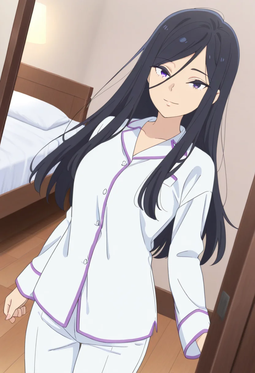 masterpiece,best quality,absurdres,perfect lighting,indoors, bedroom,wooden floor
*//*,<lora:HealerGirl_RiaKarasuma-Illustrious:1>,ria_karasuma,1girl,solo,black hair,long hair,purple eyes,pajamas,long sleeves, white shirt, white pants
*//*,looking at viewer,cowboy shot,dutch angle,dynamic pose,light smile,