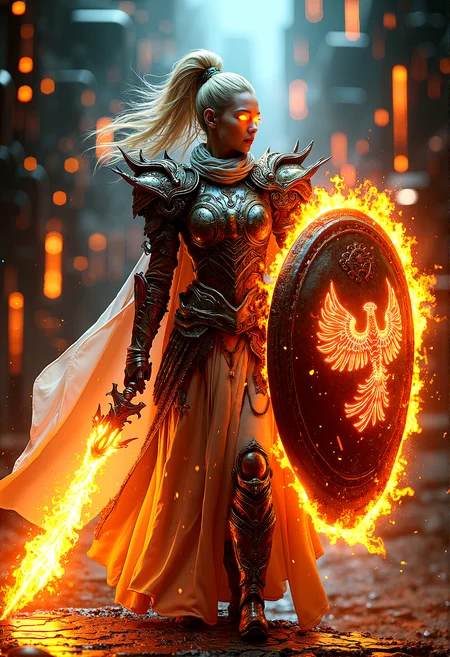 photorealistic image of a warrior with half cybernetic eyes with flames cascading from her armor, equipping with large fiery shield with phoenix emblem and flaming weapon with lightning element imbued, standing at the center of a cyber nexus with glowing circuitry and digital interfaces, blending fantasy fire magic with high-tech environments, dynamic lighting with reflections on metallic surfaces, ultra-detailed textures, vibrant colors, next-gen graphics, high-definition, complex composition, cinematic
cinematic scene, cinematic lighting, intricate detail skin and facial texture, lifelike expression, accurate character design, dynamic pose, interesting and complex background details,