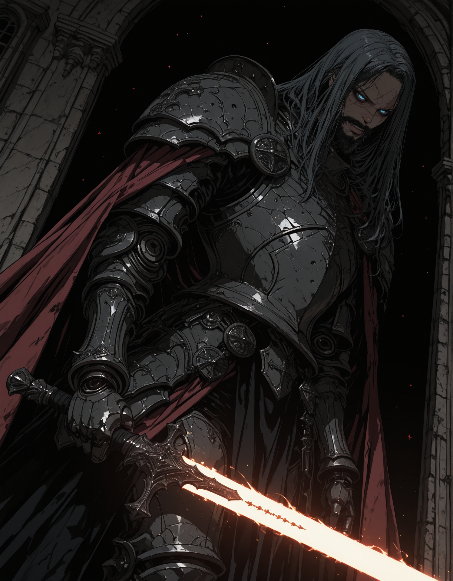 masterpiece, best quality,high quality, newest, highres,8K,HDR,absurdres, dimly lit, rim lighting, occult, gothic, eerie, (solo), 1boy, beard, long hair, black hair, face scar, blue eyes, halfplate armor, red cloak, left robotic arm, dutch angle, dynamic pose, black frilly drapes, in front of a window, ghosts, spirits, highly detailed, holding a glowing sword, horror, <lora:iLLMythSmo0thL1nes:1> Smo0thL1nes