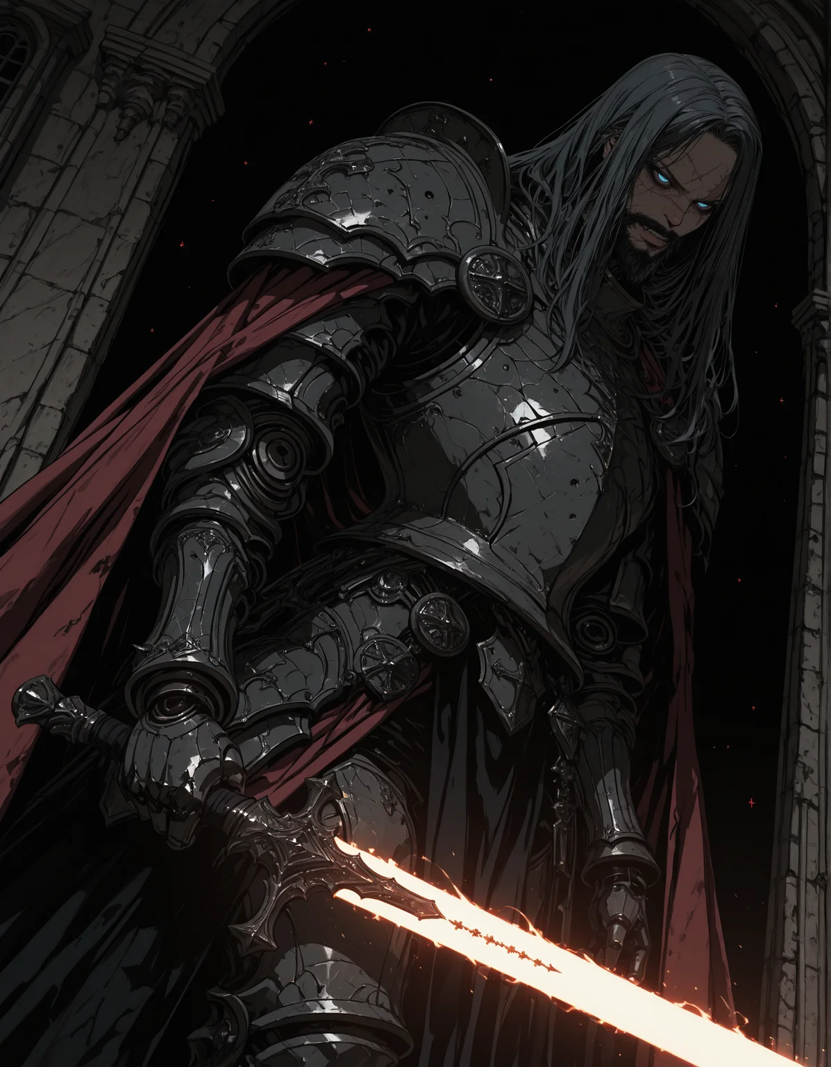 masterpiece, best quality,high quality, newest, highres,8K,HDR,absurdres, dimly lit, rim lighting, occult, gothic, eerie, (solo), 1boy, beard, long hair, black hair, face scar, blue eyes, halfplate armor, red cloak, left robotic arm, dutch angle, dynamic pose, black frilly drapes, in front of a window, ghosts, spirits, highly detailed, holding a glowing sword, horror, <lora:iLLMythSmo0thL1nes:1> Smo0thL1nes