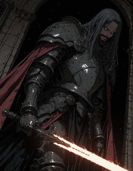 masterpiece, best quality,high quality, newest, highres,8K,HDR,absurdres, dimly lit, rim lighting, occult, gothic, eerie, (solo), 1boy, beard, long hair, black hair, face scar, blue eyes, halfplate armor, red cloak, left robotic arm, dutch angle, dynamic pose, black frilly drapes, in front of a window, ghosts, spirits, highly detailed, holding a glowing sword, horror, <lora:iLLMythSmo0thL1nes:1> Smo0thL1nes