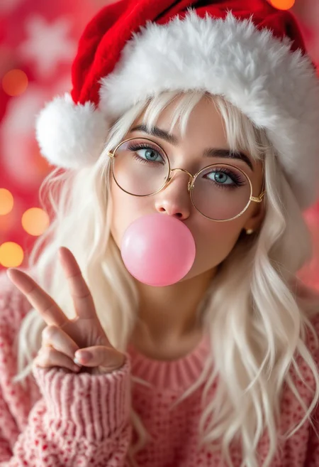 A portrait shot of a beautiful woman with white hair, wearing round glasses and a Santa hat. She is blowing bubble gum and making a peace sign hand gesture. The scene features a Christmas theme with pink, red, and white colors. a high-quality 300 DPI PNG with a holiday background,