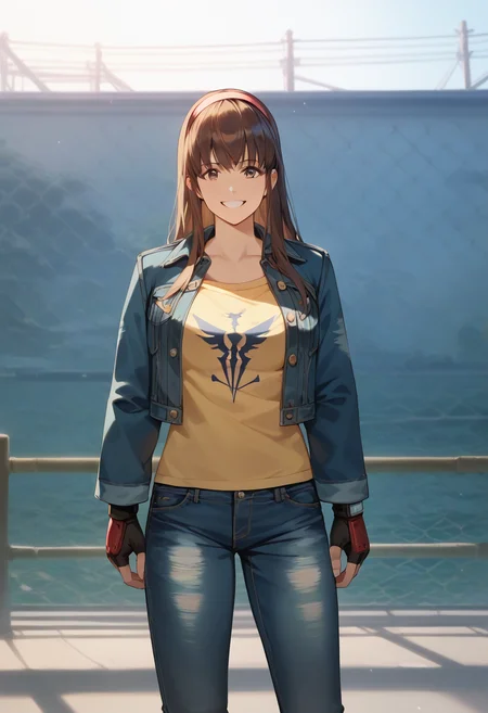 score_9, score_8_up, score_7_up, best quality, masterpiece, source_anime, anime screenshot, zPDXL2, BREAK 1girl , long hair ,hairband , brown hair, <lora:hitomidoa:1>, hitomi, hitomid4c1, jacket, denim, jeans, denim jacket, fingerless gloves, Leaning on an invisible fence, smile happy