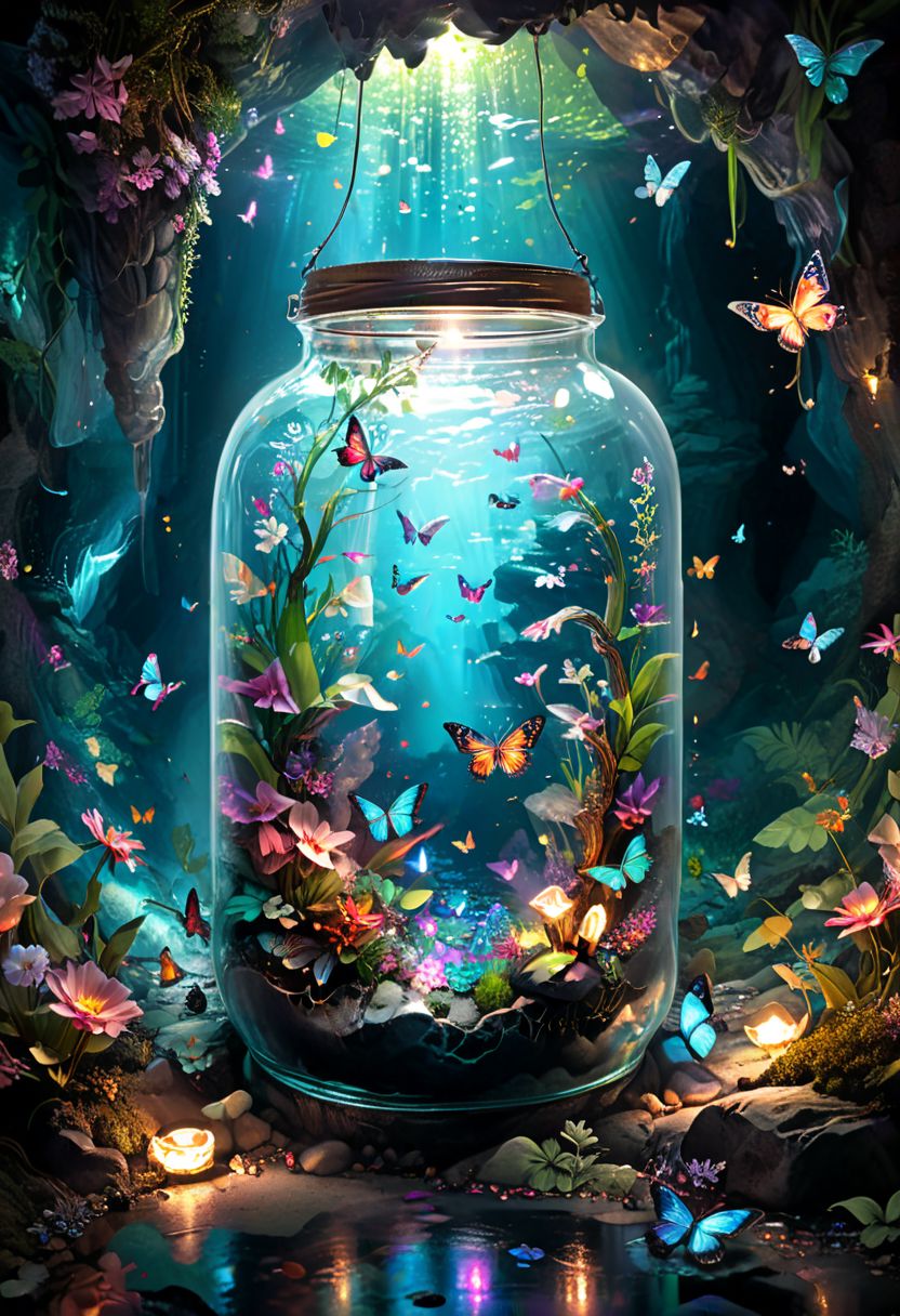 a glass jar filled iridescent light with flowers and butterflies in a cave with hanging pants and flowers on the floor, bright iridescent light from the top, pixabay contest winner, fantasy art, magical cave, hd phone wallpaper, filled with water, colorful hd picure, water everwhere fantasy, ( visually stunning, amoled, deep jungle from another world, hyperrealism. fantasy 4k, beautifull.