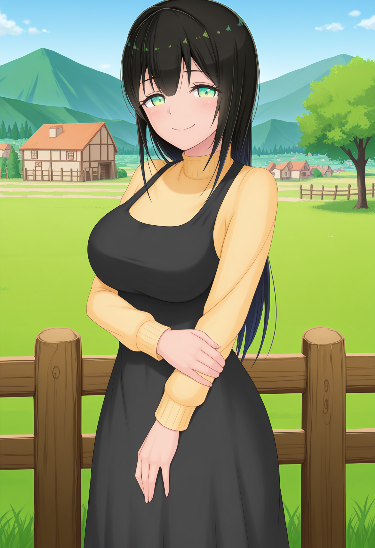 anime screencap, masterpiece, best quality, <lora:Keiko [Illustrious] Ota Guchi Field:1>, 1girl, solo, CitGrKei, black hair, long hair, green eyes, black dress, pinafore dress, turtleneck, yellow sweater, long sleeves, standing, looking at viewer, cowboy shot, naughty face, outdoors, scenery, tree, village, grass, wooden fence, blue sky,