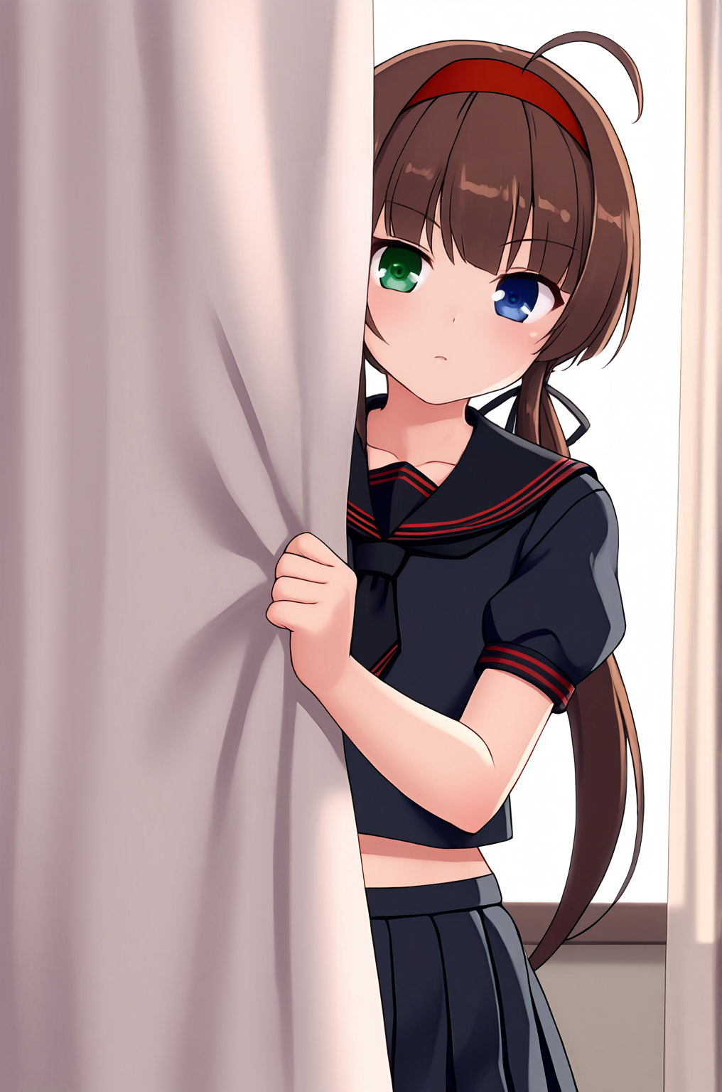 anime artwork, score_9, score_8_up, score_7_up, source_anime, BREAK, thick outline, fat outline,
Ryoubi_XL, green eyes, blue eyes, heterochromia, brown hair, very long hair, ahoge, low twintails, red hairband, hair ribbon, flat chest, BREAK, Ryoubi_School, (black serafuku:1.3), black tie, black skirt, pleated skirt, school uniform, black legwear, BREAK, peeking out upper body, curtains,
<lora:Ryoubi_XL:0.7>
<lora:PersonalAmi_PonyXL:1>
<lora:peeking_out_ponyxl:1>
