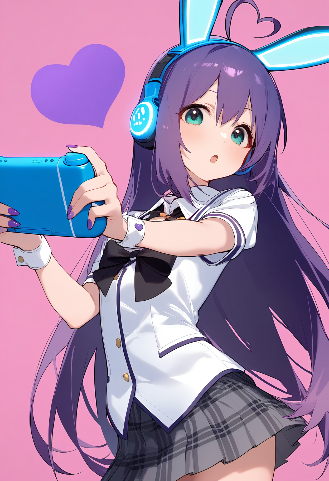 1girl,
mochizuki anna,


blush, solo, ahoge, aqua eyes, thighhighs, plaid skirt, purple nails, :o, looking at viewer, ribbon, cowboy shot, purple hair, black bowtie, short sleeves, holding, bow, collar, animal ears, simple background, heart, pleated skirt, grey skirt, fake animal ears, plaid, black bow, animal ear headphones, white collar, handheld game console, heart ahoge, skirt, pink background, miniskirt, long hair, holding handheld game console, headphones, nail polish, rabbit ear headphones, hair between eyes, bowtie,

sfw
<lora:a31_char_new_mochizuki_anna-000028:1> <lora:a31_style_koni-000010:0.8>