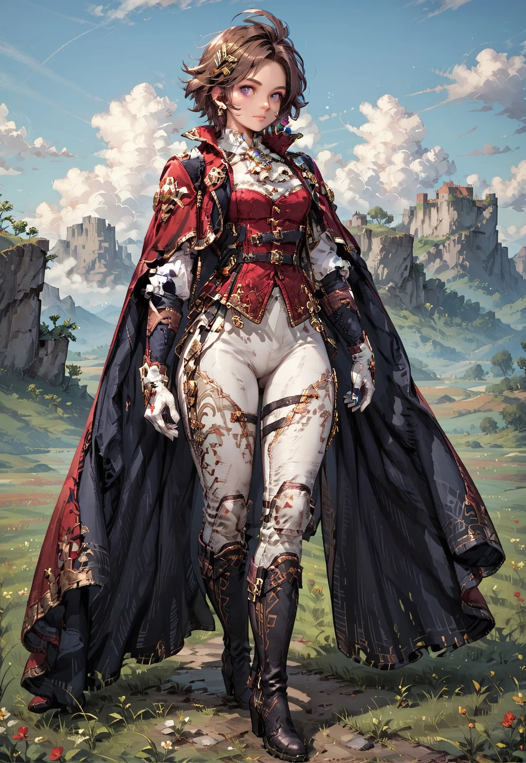 score_9, score_8_up, score_7_up,perfect eyes,hi_res,1girl, solo, brown hair, short hair, gloves, boots, purple eyes, white pants, hair ornament, pants, cape, knee boots, miranda, jerkin, outside, field, full body