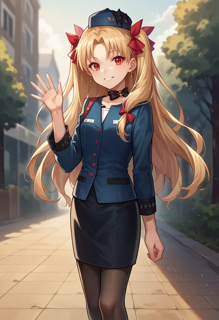 score_9, score_8_up, source_anime, EreshkigalTraveling, two side up, hair ribbon, hat, bow choker, blue jacket, pencil skirt, black pantyhose, waving at viewer, smile, outdoors, <lora:CHAR-EreshkigalPonyXL:1>