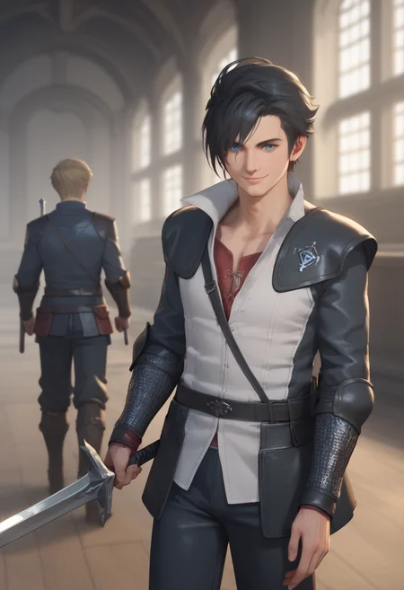 score_9, score_8_up, score_7_up, BREAK anime, 1boy, clive_ffxvi, holding, black hair, blue eyes, holding sword, smile, holding sword, blurred background, indoors <lora:Clive_Rosfield:0.6>