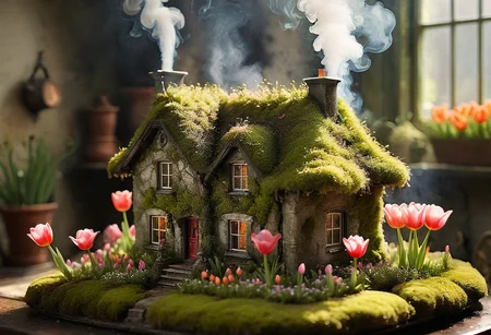 moss-covered house, blooming tulip interior, miniature chimney, smoke wisps, fantasy, detailed, sunlight filtering through petals, hyperrealistic, soft focus, vibrant colors