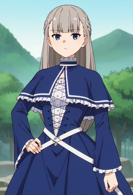 score_9, score_8_up, score_7_up, source_anime,
<lora:SousouNoFrieren_LawineXL:0.8>, LawineSSnF,
1girl, solo, closed mouth,
grey hair, long hair, french braid, blue eyes, blunt bangs,
LawineMage, blue capelet, blue dress, cross-laced clothes, frills, long sleeves, white belt,
looking at the viewer, standing, facing viewer, hand on own hip,
outdoors, forest, scenery, nature