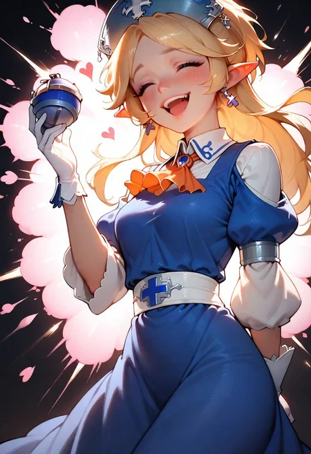 1girl, solo, yukaridef, hat, cross earrings, blue dress, orange ascot, white shirt, white gloves, holding grenade, laughing, leaning back, closed eyes, dark background, pink explosion, heart background, feet out of frame, three quater view, backlightling, masterpiece, best quality, very aesthetic, absurdres