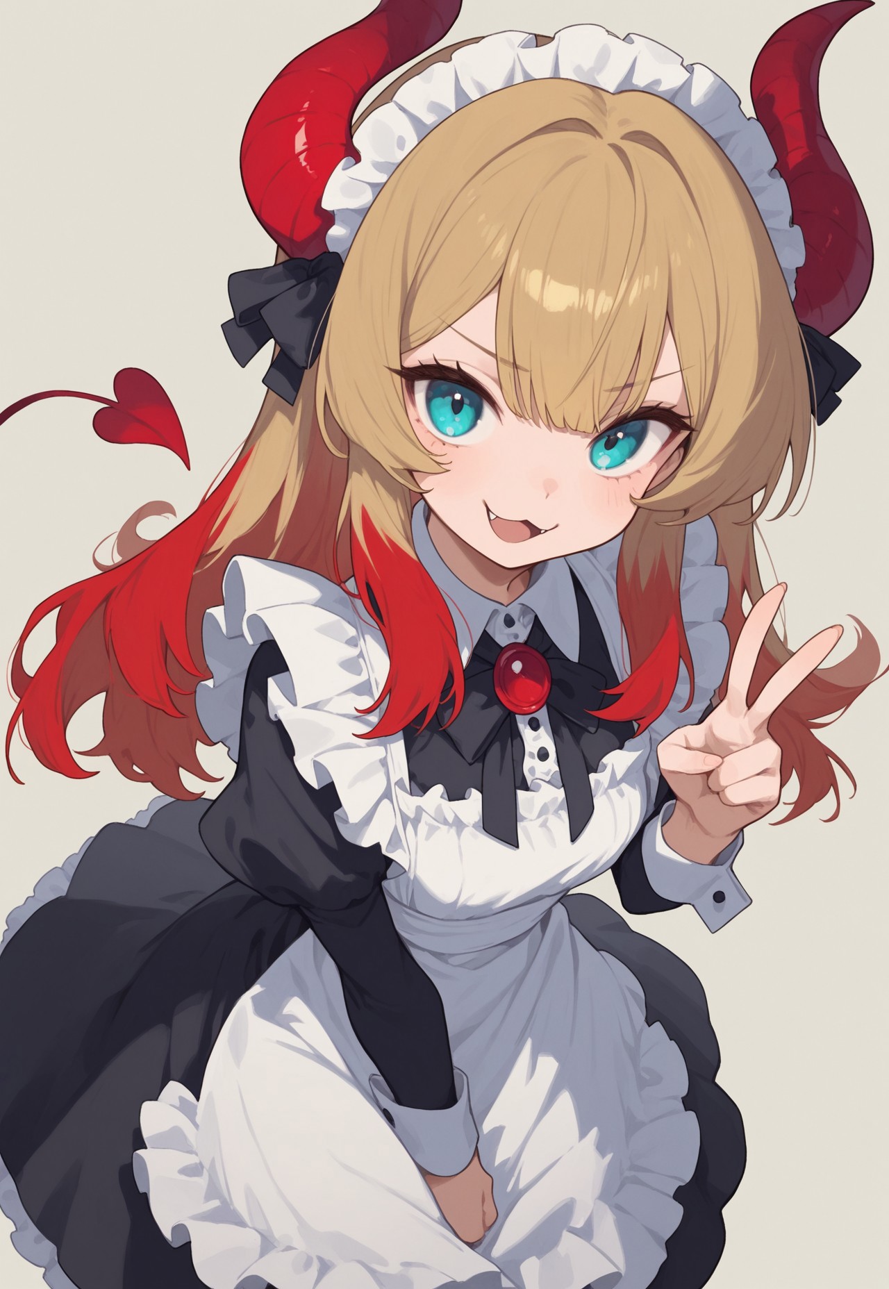 absurdres, newest, (Perfect details),(****), medium shot, 1girl, solo, multicolored hair, blonde hair, aqua eyes, blue eyes, brown hair, red hair,  cat mouth, happy,  peace sign, demon horns, maid dress, , dynamic angle, sharp focus, detailed 4k eyes, 4k, detailed, BREAK, darkened background, darkened surroundings, comiks, fgg, 