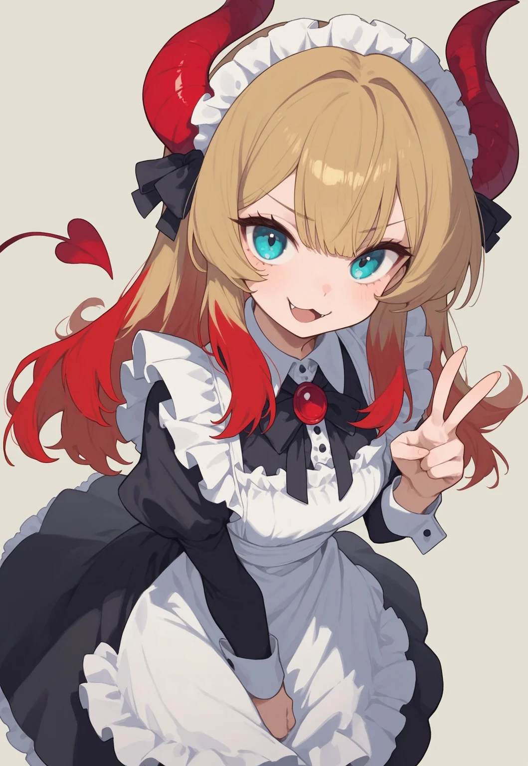absurdres, newest, (Perfect details),(****), medium shot, 1girl, solo, multicolored hair, blonde hair, aqua eyes, blue eyes, brown hair, red hair, cat mouth, happy, peace sign, demon horns, maid dress, , dynamic angle, sharp focus, detailed 4k eyes, 4k, detailed, BREAK, darkened background, darkened surroundings, comiks, fgg,