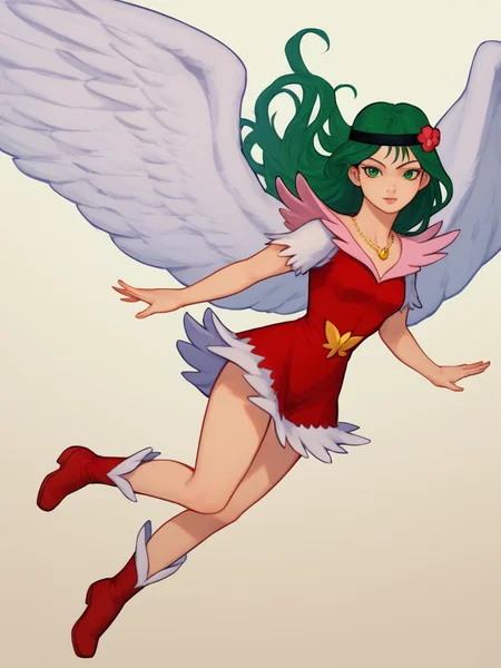 score_9, score_8_up, score_7_up, source_anime, 1girl, solo, Nazca, green hair, long hair, green eyes, headband with flower, red dress with pink collar, white fringed shoulders, white fringed hem, necklace, gold emblem, wings, wings out stretched, flying, red boots